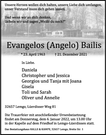 Anzeige  Evangelos Bailis  Lippische Landes-Zeitung