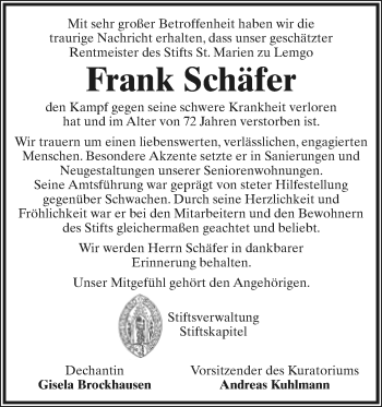 Anzeige  Frank Schäfer  Lippische Landes-Zeitung