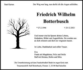 Anzeige  Friedrich Wilhelm Botterbusch  Lippische Landes-Zeitung
