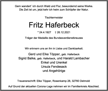 Anzeige  Fritz Haferbeck  Lippische Landes-Zeitung