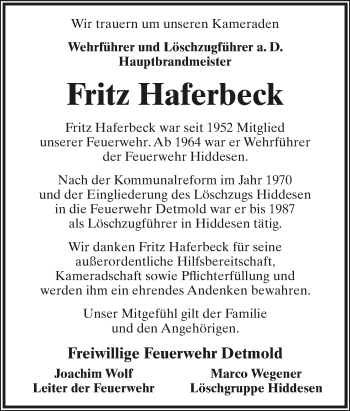 Anzeige  Fritz Haferbeck  Lippische Landes-Zeitung