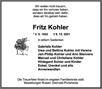Anzeige  Fritz Kohler  Lippische Landes-Zeitung