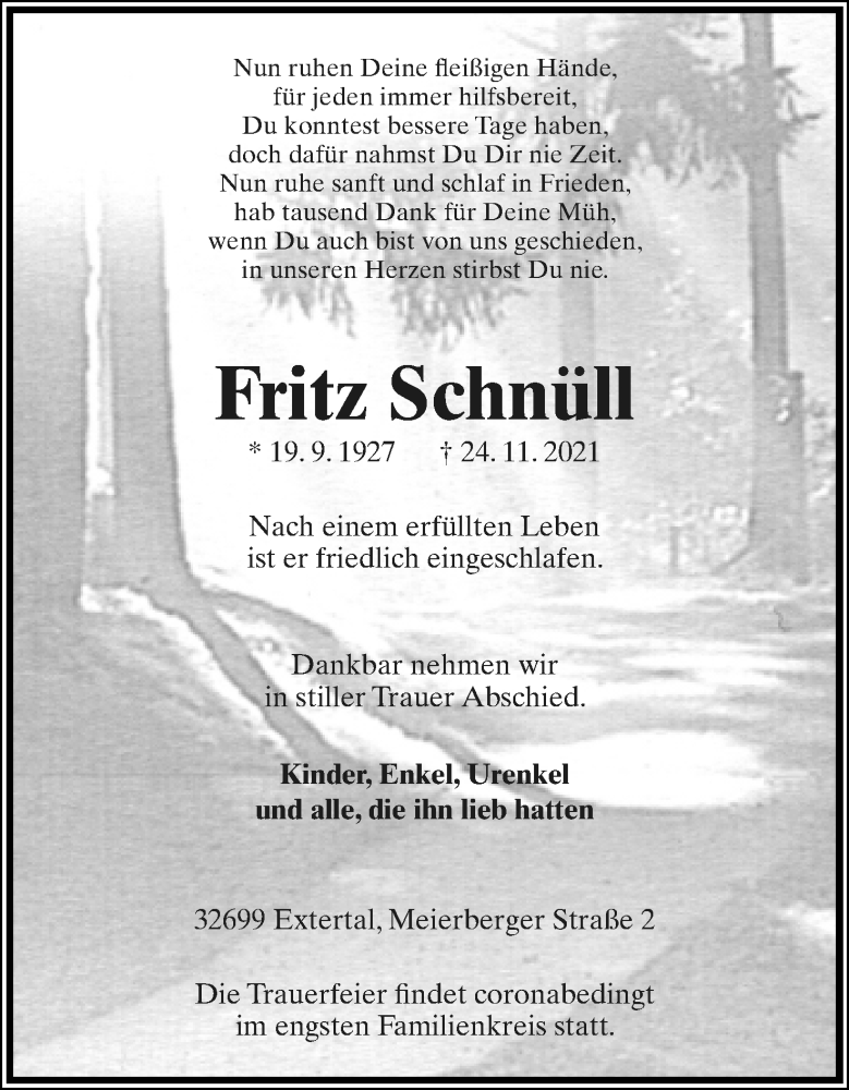  Traueranzeige für Fritz Schnüll vom 04.12.2021 aus Lippische Landes-Zeitung