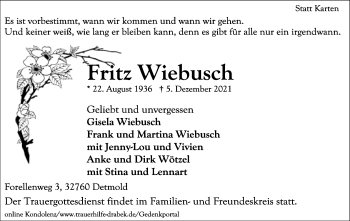 Anzeige  Fritz Wiebusch  Lippische Landes-Zeitung