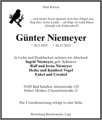 Anzeige  Günter Niemeyer  Lippische Landes-Zeitung