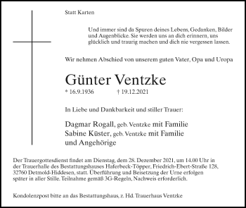 Anzeige  Günter Ventzke  Lippische Landes-Zeitung
