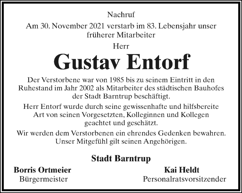  Traueranzeige für Gustav Entorf vom 04.12.2021 aus Lippische Landes-Zeitung
