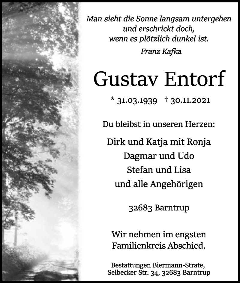  Traueranzeige für Gustav Entorf vom 04.12.2021 aus Lippische Landes-Zeitung