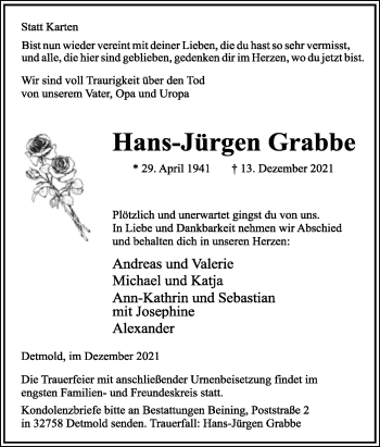Anzeige  Hans-Jürgen Grabbe  Lippische Landes-Zeitung