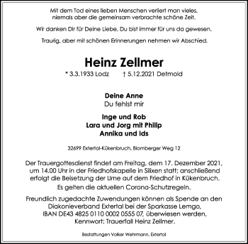Anzeige  Heinz Zellmer  Lippische Landes-Zeitung