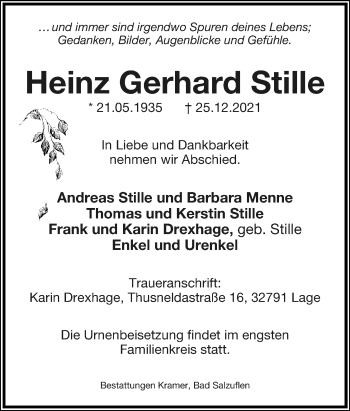 Anzeige  Heinz Gerhard Stille  Lippische Landes-Zeitung