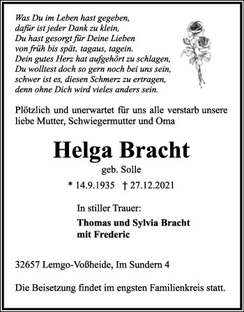 Anzeige  Helga Bracht  Lippische Landes-Zeitung