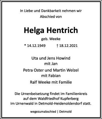 Anzeige  Helga Hentrich  Lippische Landes-Zeitung