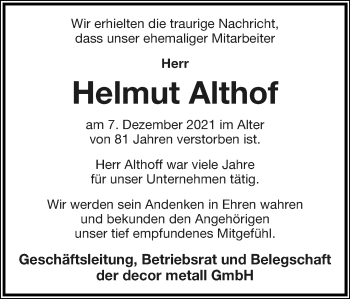 Anzeige  Helmut Althof  Lippische Landes-Zeitung
