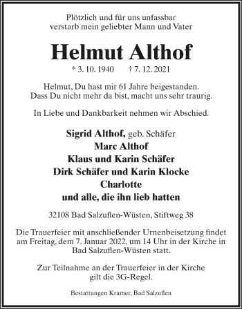 Anzeige  Helmut Althof  Lippische Landes-Zeitung
