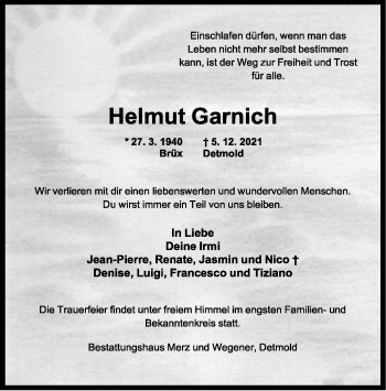 Anzeige  Helmut Garnich  Lippische Landes-Zeitung