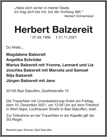 Anzeige  Herbert Balzereit  Lippische Landes-Zeitung