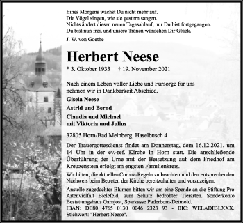 Anzeige  Herbert Neese  Lippische Landes-Zeitung