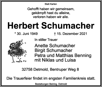 Anzeige  Herbert Schumacher  Lippische Landes-Zeitung