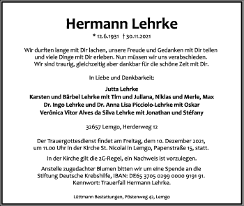 Anzeige  Hermann Lehrke  Lippische Landes-Zeitung