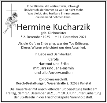 Anzeige  Hermine Kucharzik  Lippische Landes-Zeitung
