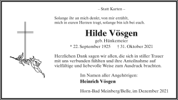 Anzeige  Hilde Vösgen  Lippische Landes-Zeitung