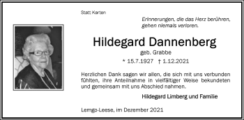 Anzeige  Hildegard Dannenberg  Lippische Landes-Zeitung