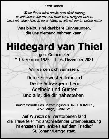 Anzeige  Hildegard van Thiel  Lippische Landes-Zeitung