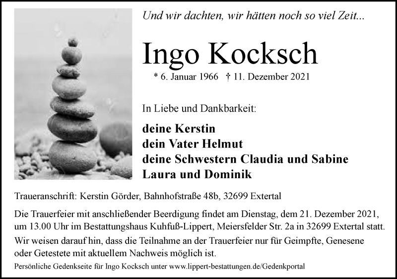  Traueranzeige für Ingo Kocksch vom 18.12.2021 aus Lippische Landes-Zeitung