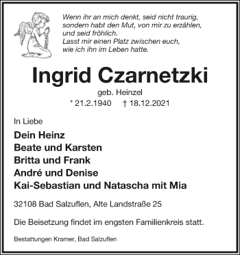Anzeige  Ingrid Czarnetzki  Lippische Landes-Zeitung
