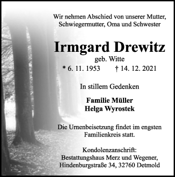 Anzeige  Irmgard Drewitz  Lippische Landes-Zeitung