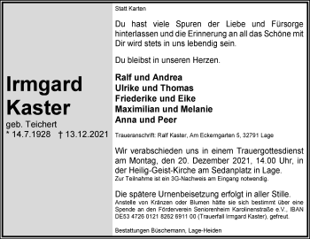 Anzeige  Irmgard  Kaster  Lippische Landes-Zeitung