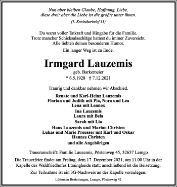 Anzeige  Irmgard Lauzemis  Lippische Landes-Zeitung