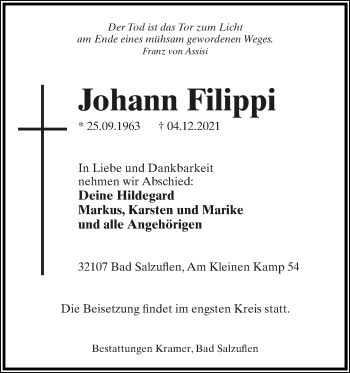 Anzeige  Johann Filippi  Lippische Landes-Zeitung