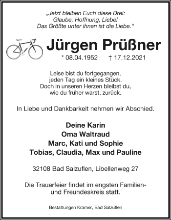 Anzeige  Jürgen Prüßner  Lippische Landes-Zeitung