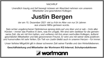 Anzeige  Justin Bergen  Lippische Landes-Zeitung