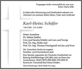 Anzeige  Karl-Heinz Schäfer  Lippische Landes-Zeitung