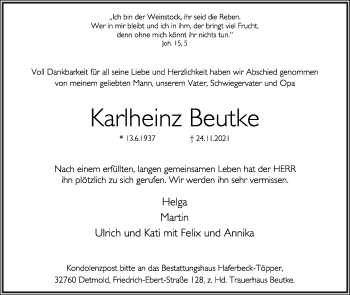 Anzeige  Karlheinz Beutke  Lippische Landes-Zeitung