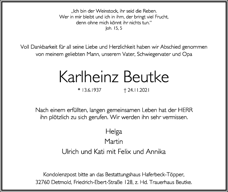  Traueranzeige für Karlheinz Beutke vom 04.12.2021 aus Lippische Landes-Zeitung