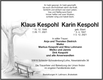 Anzeige  Klaus Kespohl  Lippische Landes-Zeitung