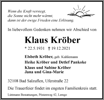 Anzeige  Klaus Kröber  Lippische Landes-Zeitung
