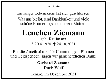 Anzeige  Lenchen Ziemann  Lippische Landes-Zeitung