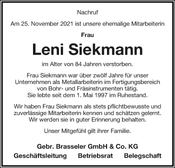 Anzeige  Leni Siekmann  Lippische Landes-Zeitung