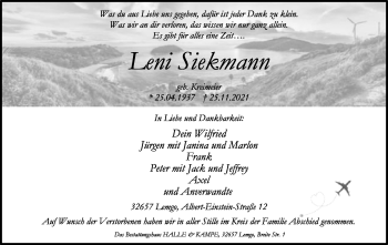 Anzeige  Leni Siekmann  Lippische Landes-Zeitung