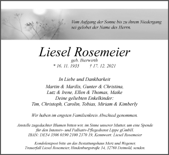 Anzeige  Liesel Rosemeier  Lippische Landes-Zeitung
