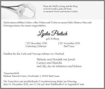 Anzeige  Lydia Paetsch  Lippische Landes-Zeitung