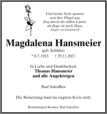 Anzeige  Magdalena Hansmeier  Lippische Landes-Zeitung