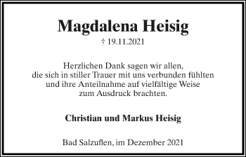 Anzeige  Magdalena Heisig  Lippische Landes-Zeitung