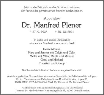 Anzeige  Manfred Plener  Lippische Landes-Zeitung