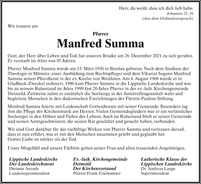  Traueranzeige für Manfred Summa vom 31.12.2021 aus Lippische Landes-Zeitung